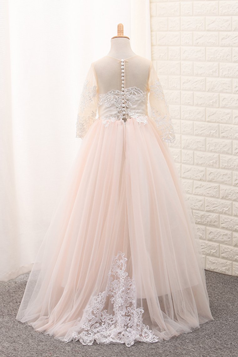 Ball Gown Scoop Long Sleeves Flower Girl Dresses Tulle With Aplique