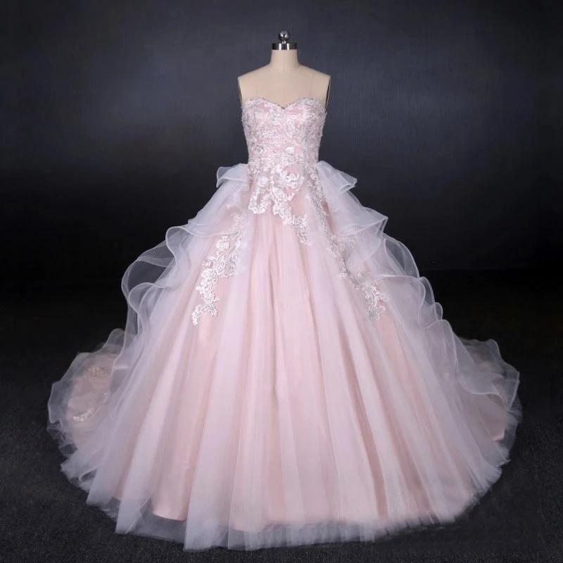 Ball Gown Strapless Sweetheart Wedding Dresses with Lace Applique, Tulle Prom Dresses SJS15070