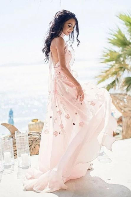 Boho Halter Backless Light Pink Chiffon Beach Wedding Dresses with Appliques Ruffles SJS15082