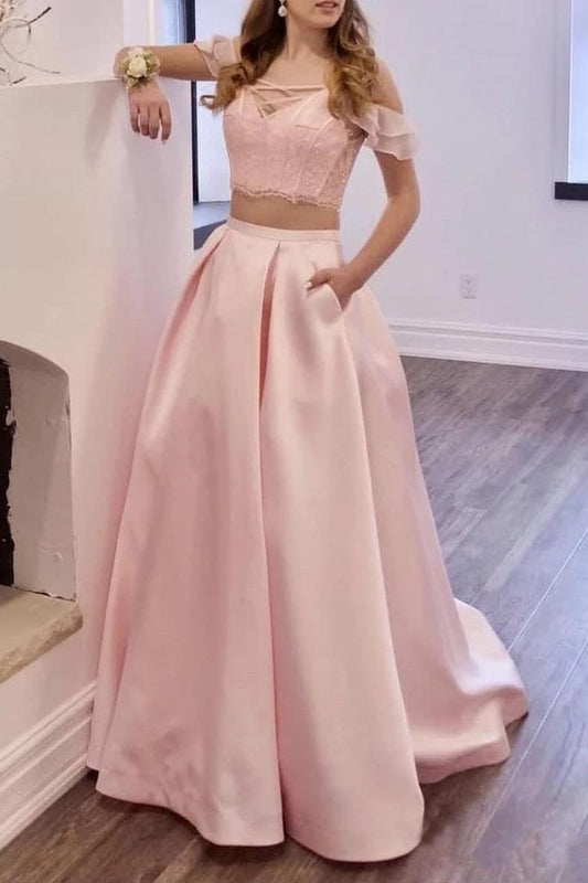 Two Piece Off the Shoulder Blush Pink Prom Dresses with Pockets, Long Lace Prom Gowns SRS15445