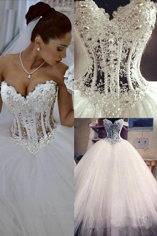 Gorgeous Wedding Dresses A-Line Sweetheart See Through Floor-Length Tulle With Pearls Lace Up