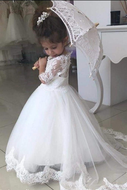 White Lace Appliques A Line Little Girls Dresses Half Sleeves V Neck Flower Girl Dresses JS547