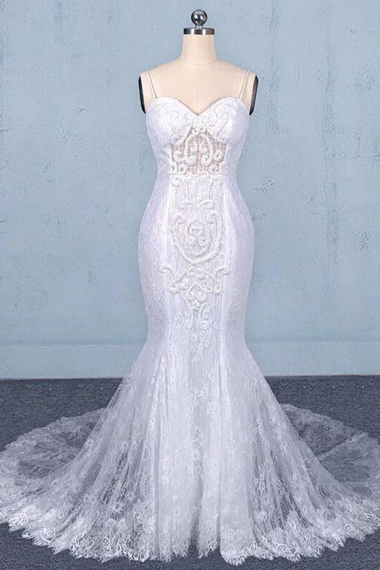 Charming Mermaid Spaghetti Straps Ivory Sweetheart Wedding Dresses with Applique SJS15109