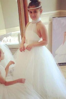 Halter Cute Tulle Fluffy Backless White Flower Girl Dresses with Belt