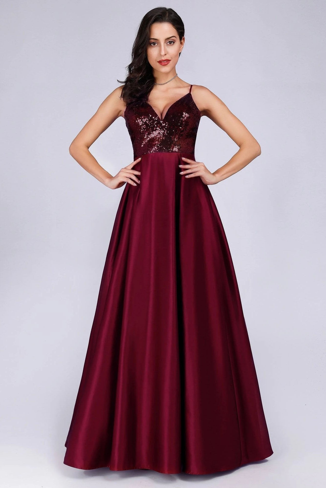 Deep V Neck Long Sleeveless Spaghetti Straps Burgundy Satin Evening Prom Dresses SRS15140