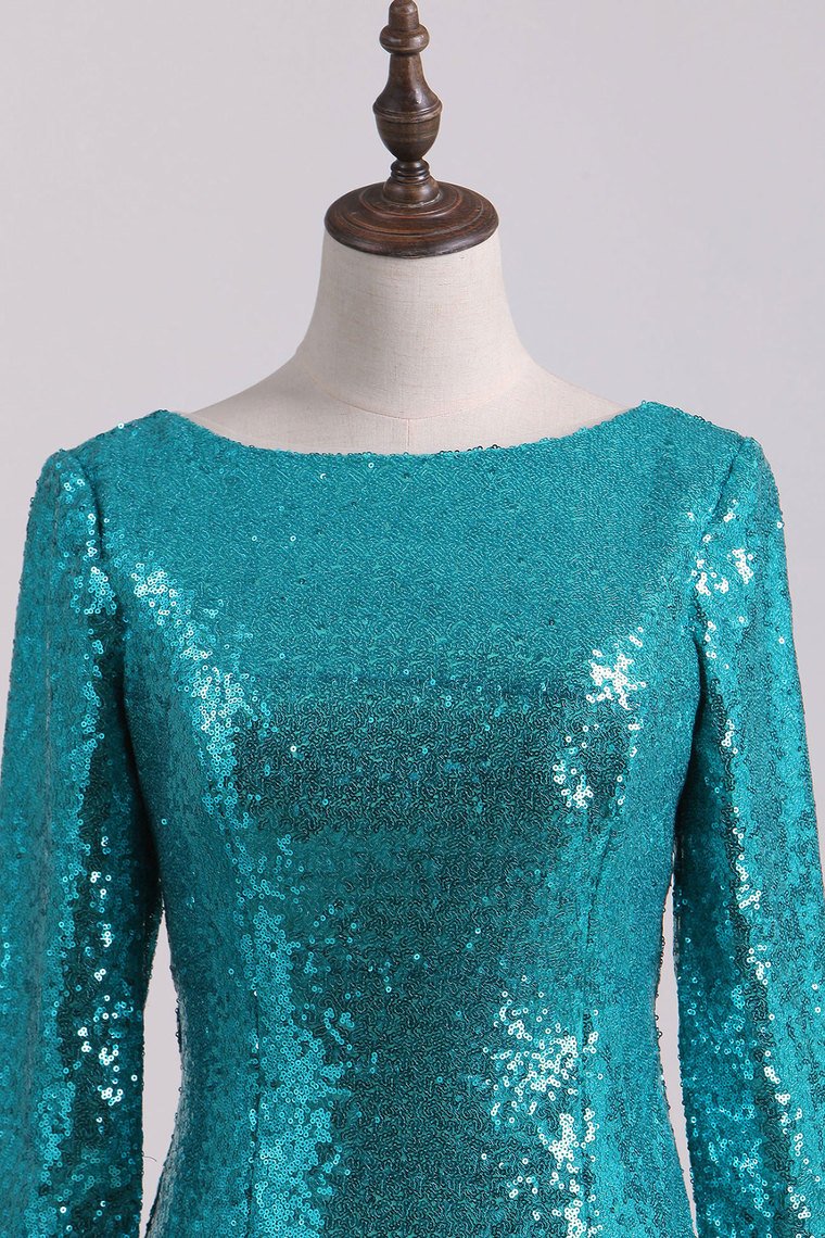 2024 Sexy Open Back Long Sleeve Prom Dresses Sequins Mermaid Sweep Train