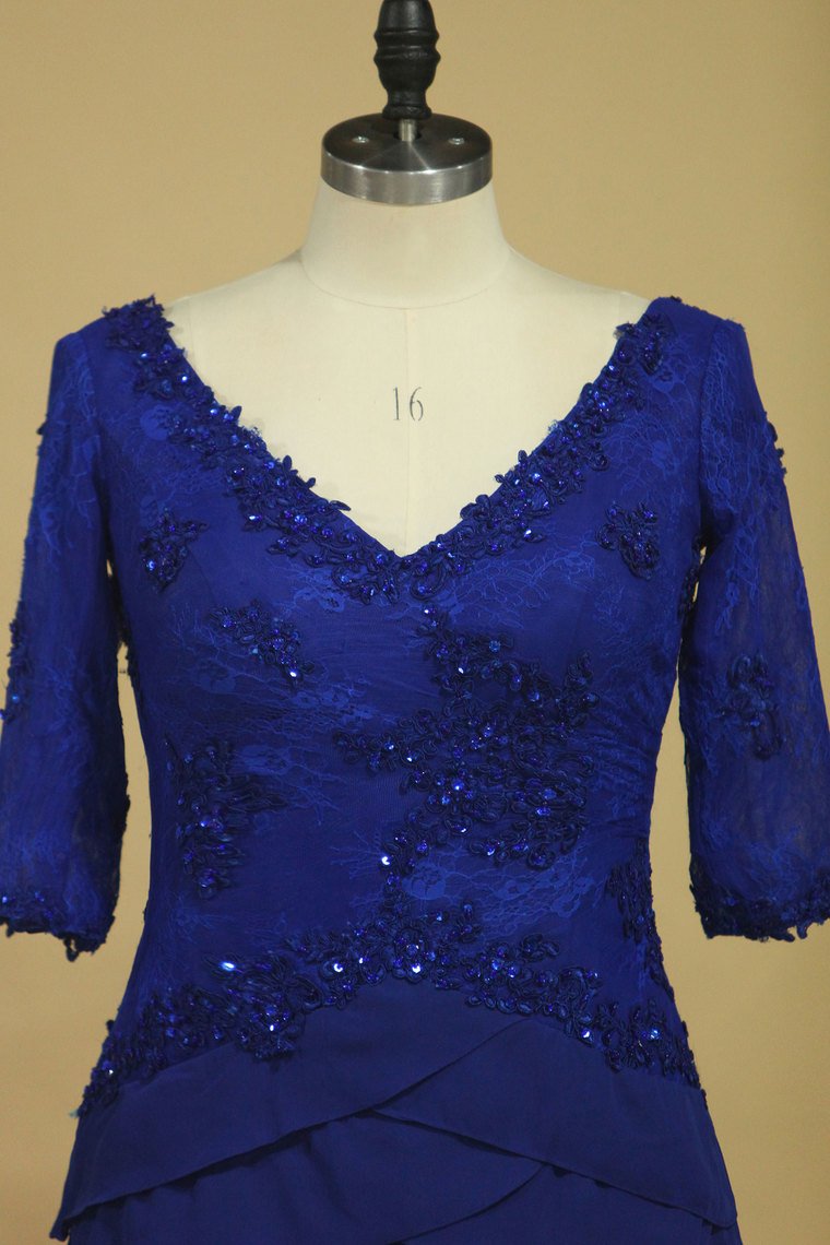 Dark Royal Blue Mother Of The Bride Dresses Chiffon V Neck With 3/4 Length Sleeves