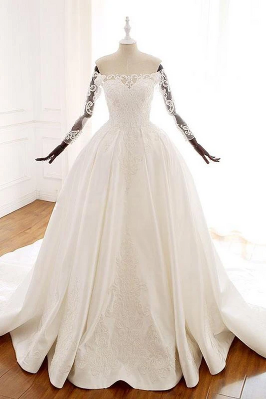 Ball Gown Long Sleeves Wedding Dress With Appliques Satin Bridal SJSP1JNP34P