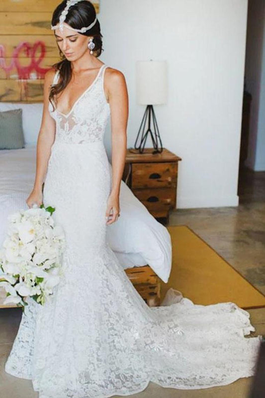 Romantic Deep V Neck Sleeveless Lace Wedding Dress Mermaid Wedding Dresses With SJSP2NSHCG1