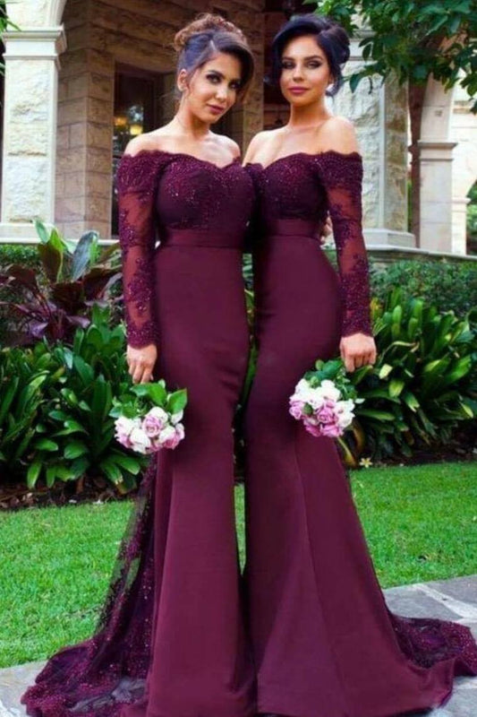 2024 Long Sleeves Mermaid Satin With Applique Bridesmaid Dresses