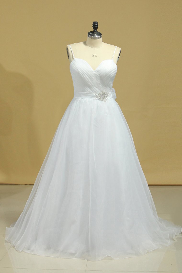 Wedding Dresses A-Line Spaghetti Straps Court Train Organza With Removable Sash Zipper Back Plus Size