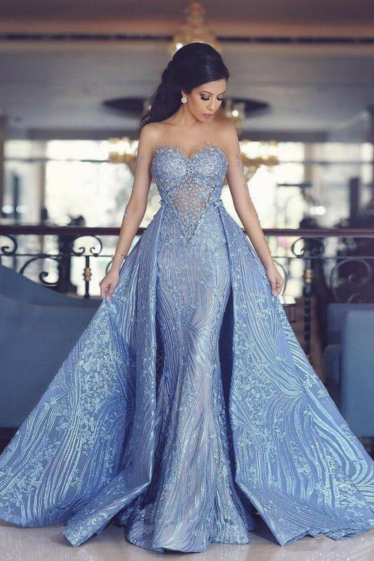 Elegant Blue Long Sleeve Mermaid Appliques Long Prom Dresses, Party Dresses SRS15161