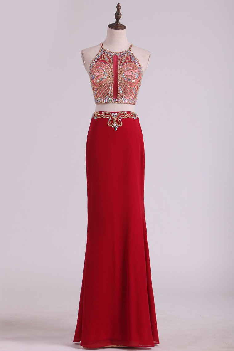 Two Pieces Halter Sheath Prom Dresses Chiffon With Beading