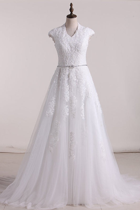 A Line V Neck With Applique Wedding Dresses Tulle Court Train