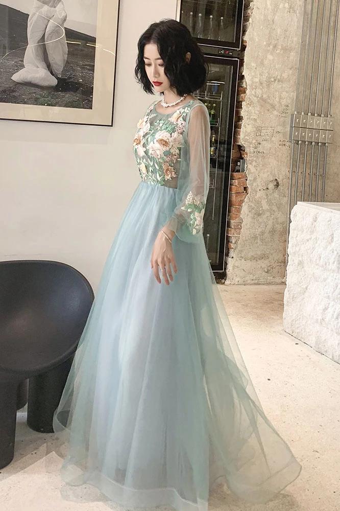 Elegant Long Sleeves Appliqued Tulle Prom Dresses, Floor Length Appliques Evening Dresses SRS15175