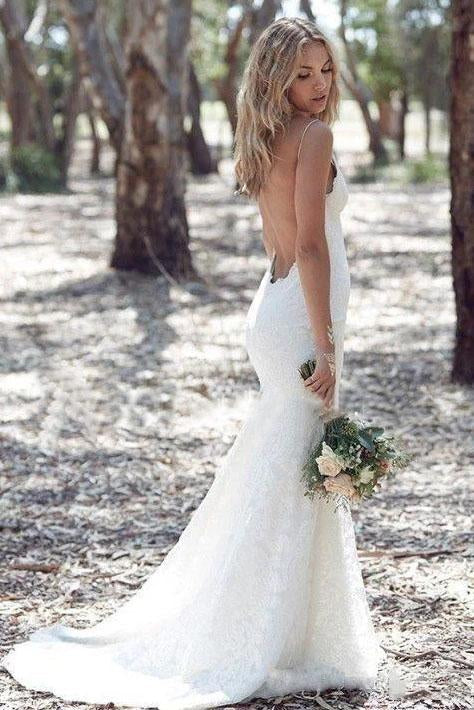 Sexy Spaghetti Straps Mermaid Lace Ivory Wedding Dresses, V Neck Beach Wedding Gowns SJS15359