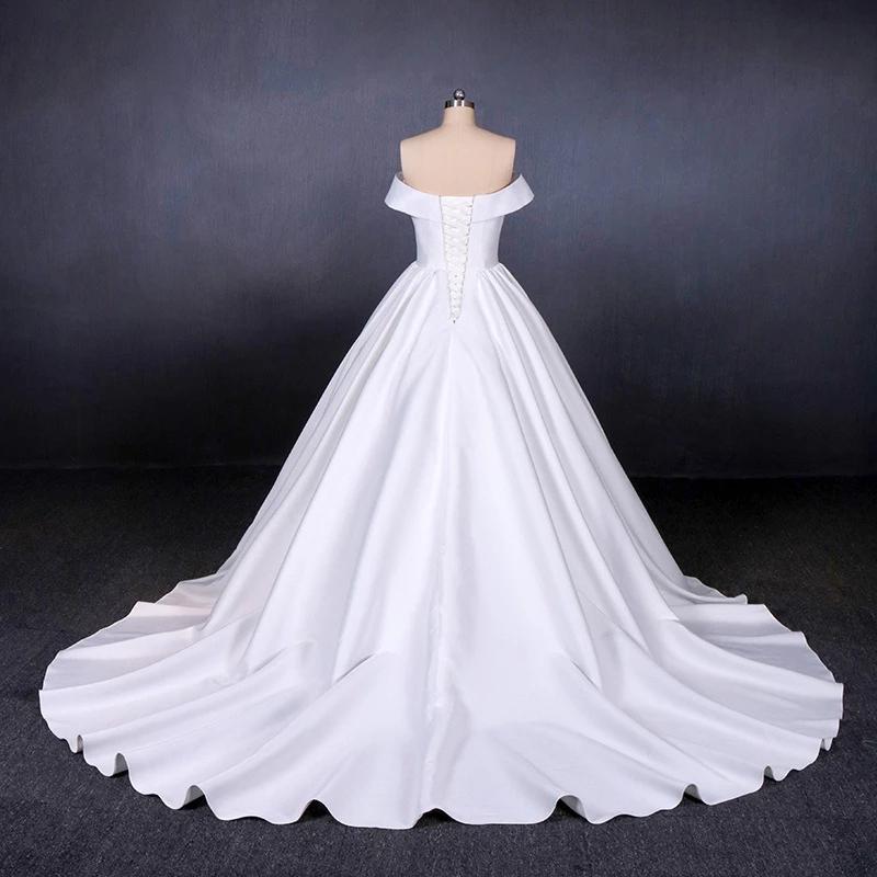 Ball Gown Off the Shoulder White Satin Wedding Dresses, Simple Cheap Wedding Gowns SJS15065