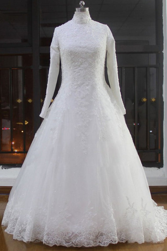 High Neck Wedding Dresses A Line Tulle Muslim With Applique