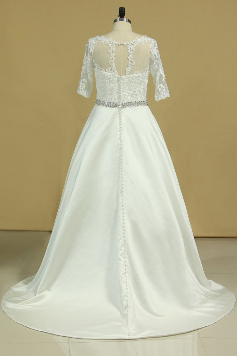 Plus Size Mid-Length Sleeve Wedding Dresses Scoop Satin With Applique