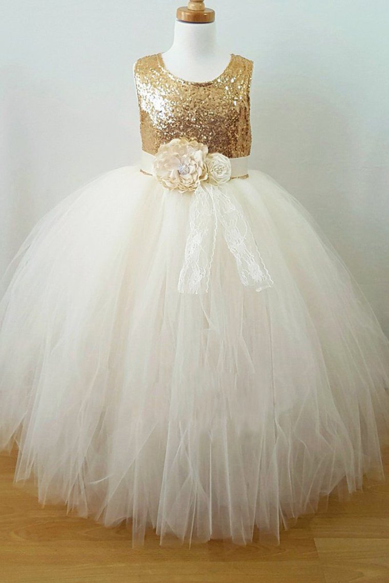 Flower Girl Dresses A Line Scoop Tulle & Sequin With Sash