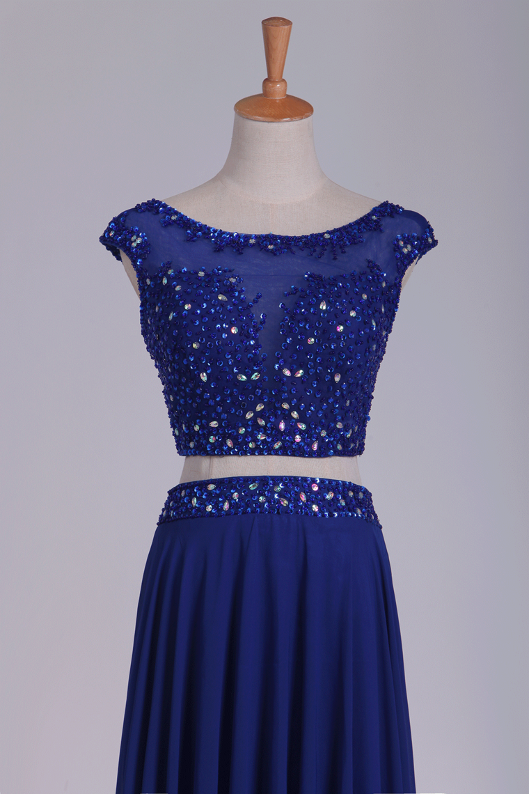 Two Pieces Scoop With Beading Prom Dresses A Line Floor Length Dark Royal Blue