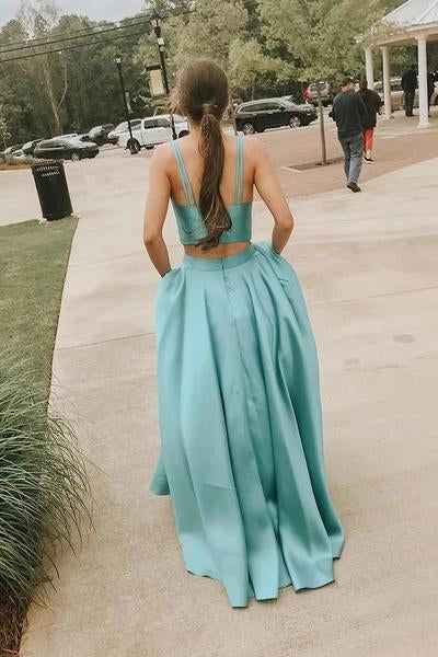 Simple A Line Two Pieces V Neck Satin Green Prom Dresses, Cheap Formal Dress SJS15598