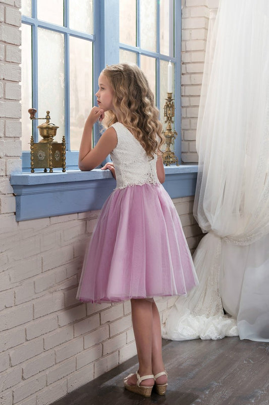 Bicolor Scoop Tulle & Lace A Line Knee Length Flower Girl Dresses