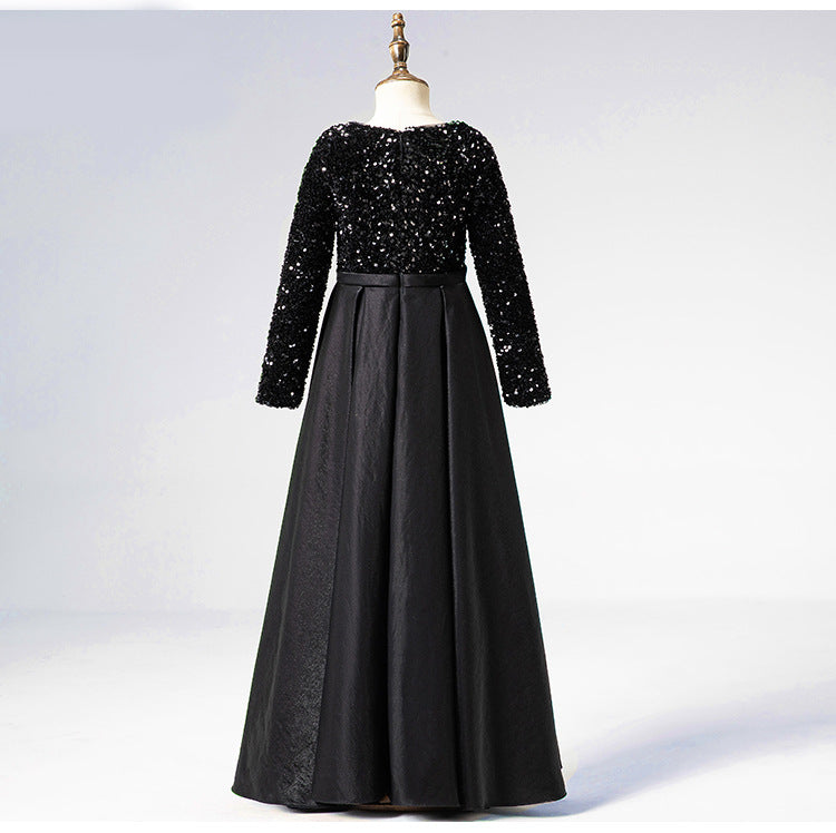 A Line Black Long Sleeves Beaded Flower Girl Dresses