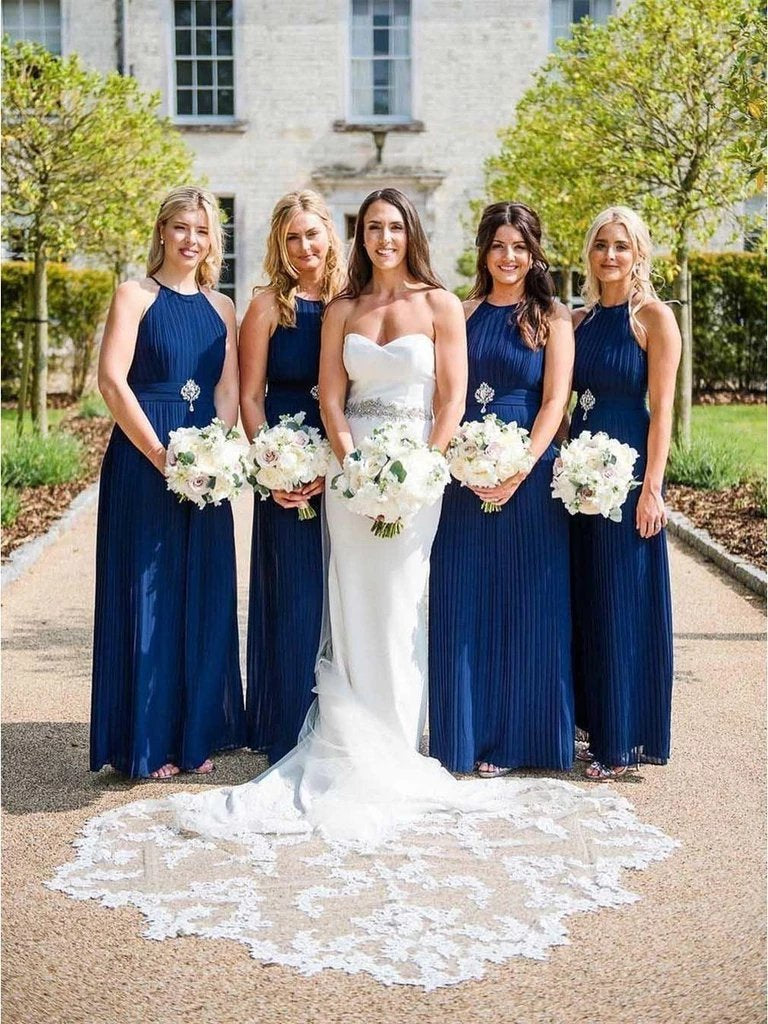 Charming Halter Neck Blue Pleated Long Bridesmaid Dresses, Wedding Party Dresses SJS15099