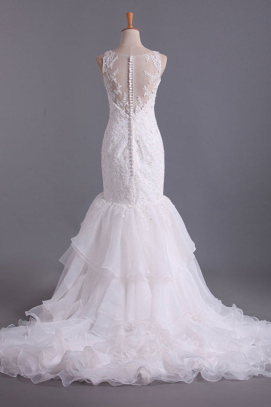 V Neck Wedding Dresses Organza With Applique & Ruffles Mermaid Court Train