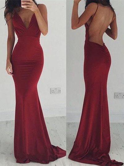 Sexy Backless Cocktail V-Neck Mermaid Spaghetti Straps Sleeveless Burgundy Prom Dresses JS32