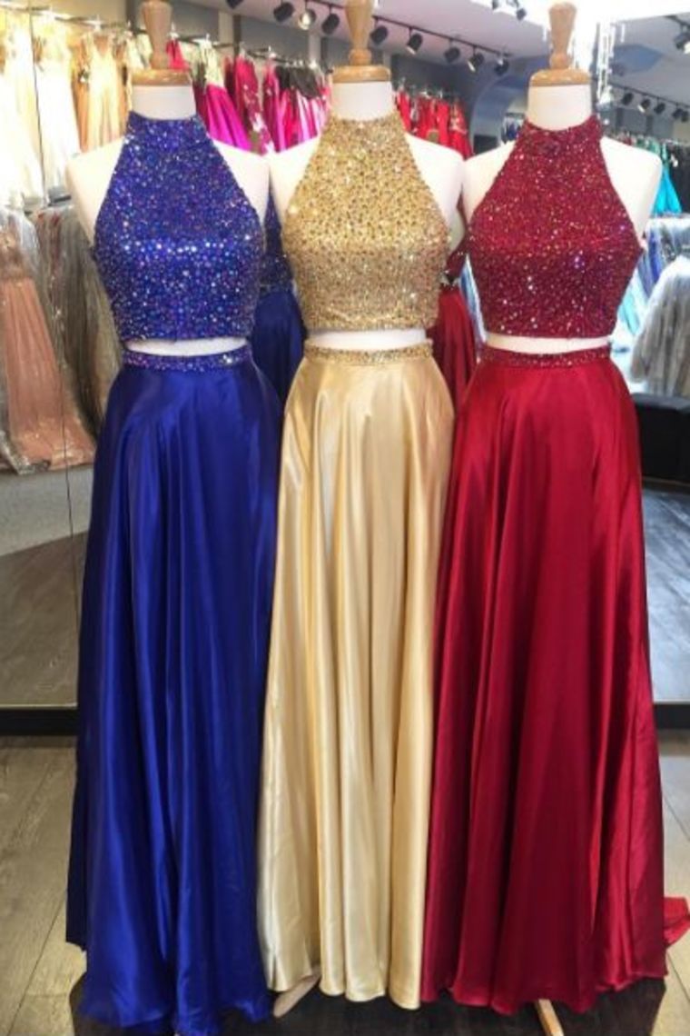 Two Pieces Satin Prom Dresses With Beaded Bodice Sweep Train