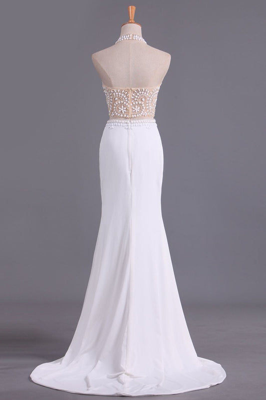 See-Through High Neck Two Pieces Prom Dresses Spandex With Slit And Beading