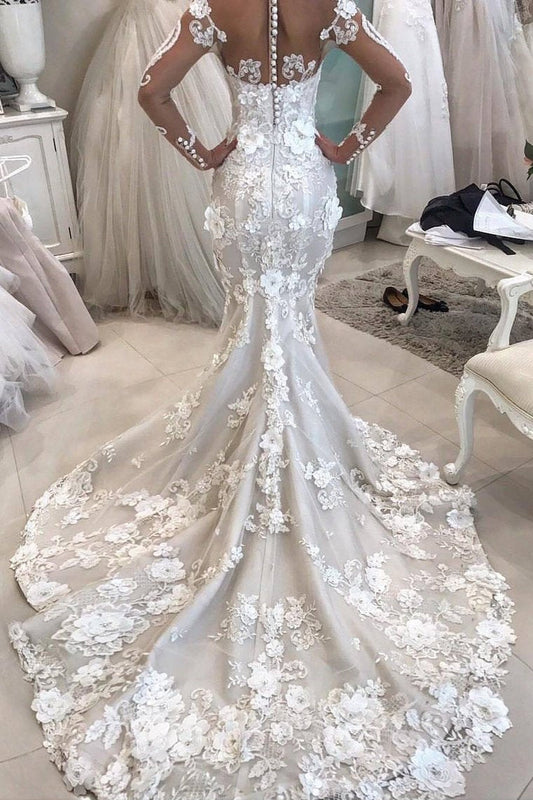 2024 Detachable Train Long Sleeves Scoop Mermaid Wedding Dresses With Applique Tulle