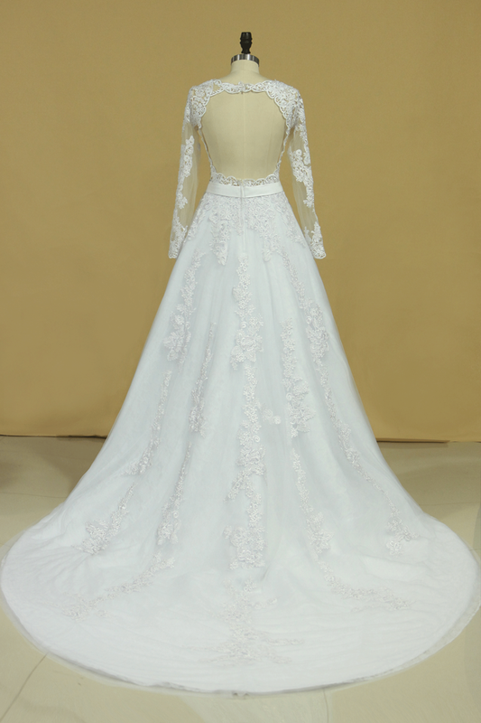 Hot Wedding Dresses Scoop Long Sleeves With Applique & Sash Tulle