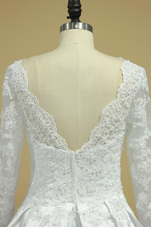 A Line Long Sleeves White Lace Appliques Satin Beads Open Back Wedding Dresses JS815