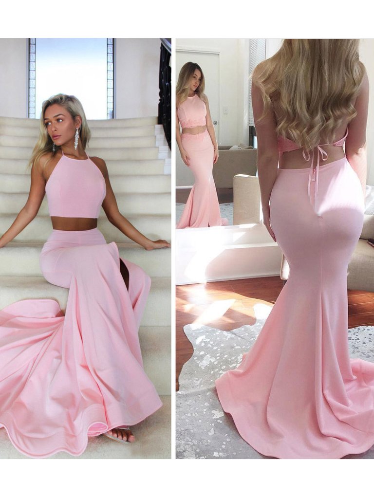 Sexy Prom Dresses Mermaid Halter Zipper Up Open Back With Appliques Two Pieces