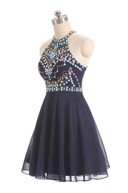 Dark Blue Beads Short Cute Halter Sweet 16 Cocktail Dress GR56