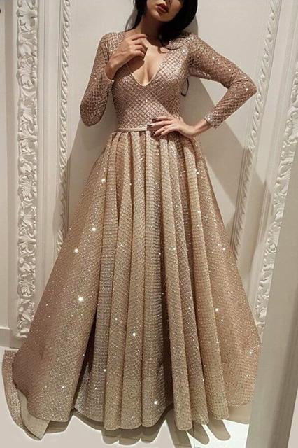 Long Sleeve A Line V Neck Gold Sequins Long Floor Length Prom Dresses JS53