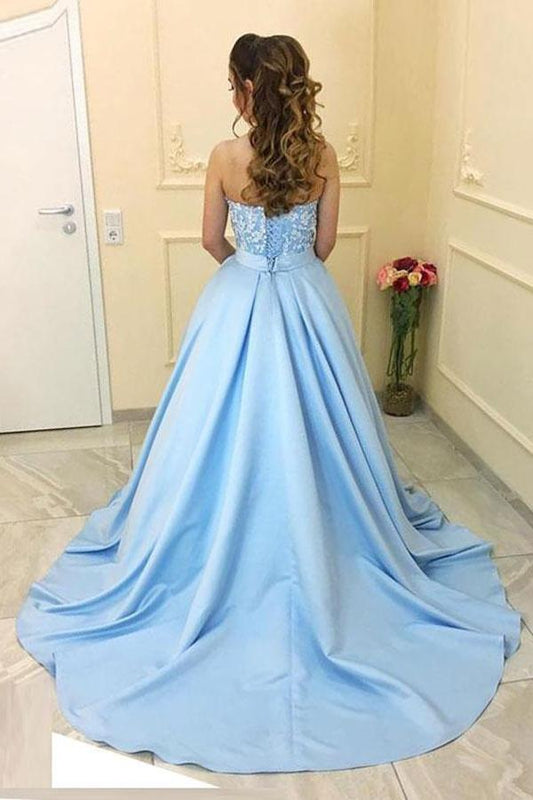 Blue Satin A-Line Princess Sweetheart Neck Strapless Lace up Long Sleeveless Prom Dresses UK JS286