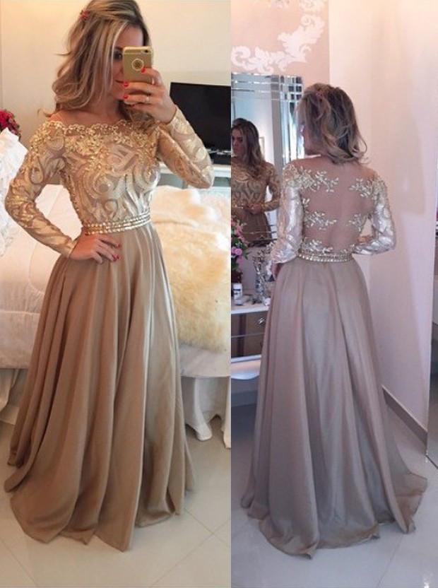 Hot Selling A-Line Cowl Floor Length Gold with Long Sleeves Prom Dresses JS710