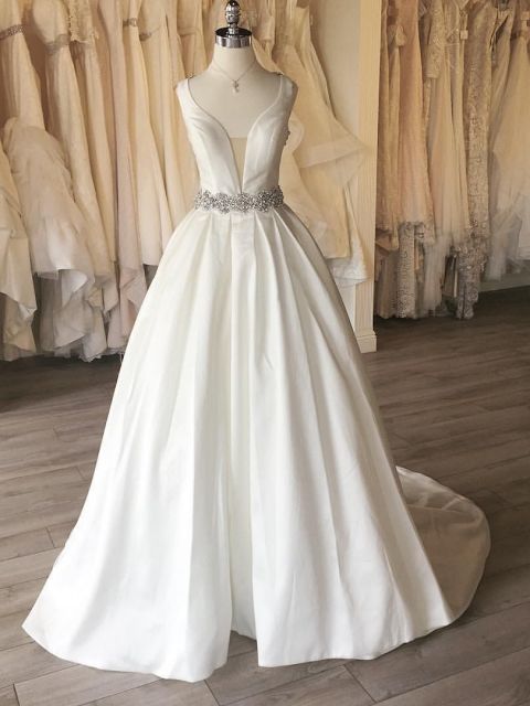 Deep V Neck Satin Backless A Line Beading Wedding Dresses