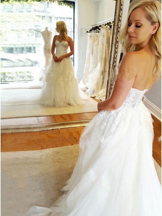 A-Line Sweetheart Strapless Lace Tulle White Sleeveless Wedding Dress with Appliques JS398