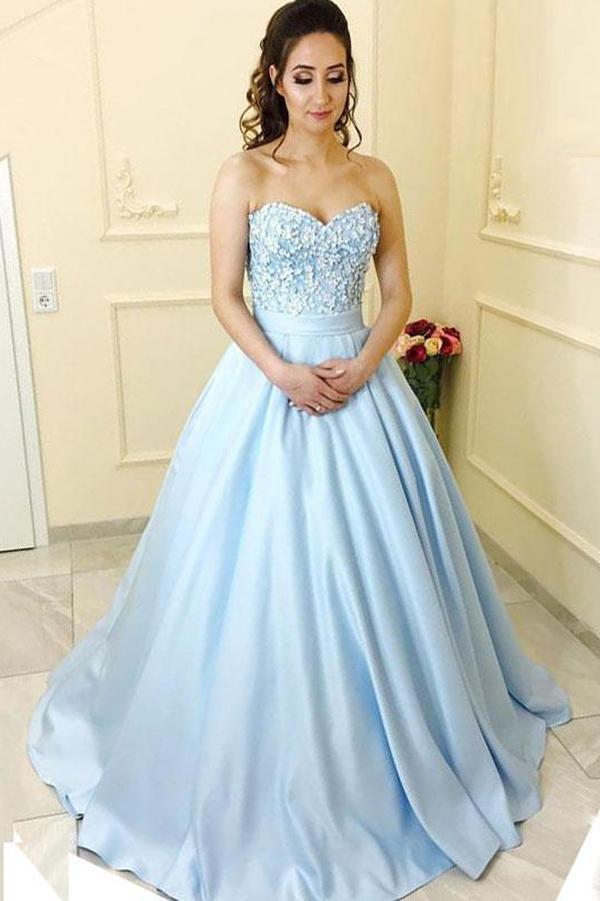 Blue Satin A-Line Princess Sweetheart Neck Strapless Lace up Long Sleeveless Prom Dresses UK JS286