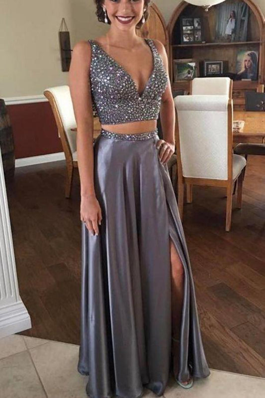 Sexy A Line Two Pieces V Neck Satin Split Side With Beading Prom Dresses JS42