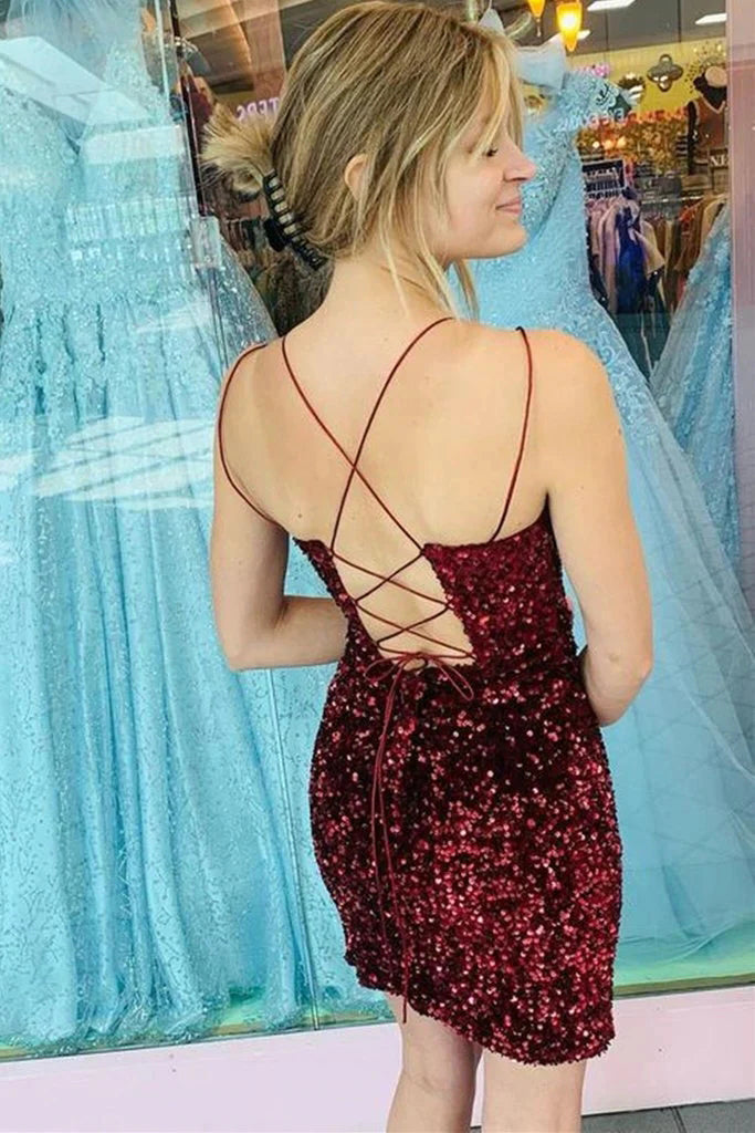 Burgundy Spaghetti Strap V Neck Sequins Homecoming Dresses