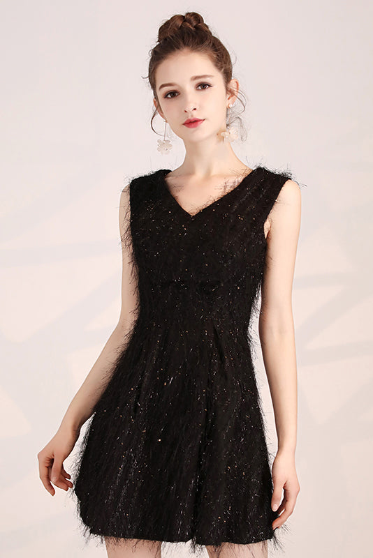 Black V-neck Slim Sleeveless Sparkling Short Homecoming Dresses