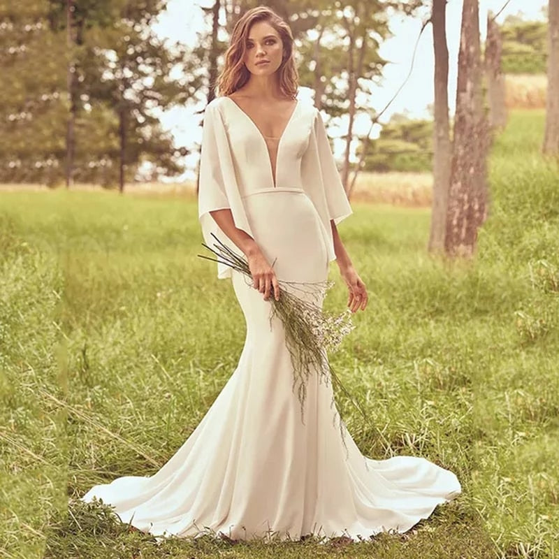 Long Sleeves Deap V Neck Mermaid V Back Rustic Bohemian Wedding Dresses