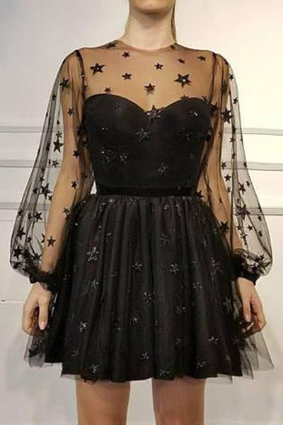 A Line Long Sleeves Tulle Sweetheart Spaghetti Straps with Flowers Black Homecoming Dresses