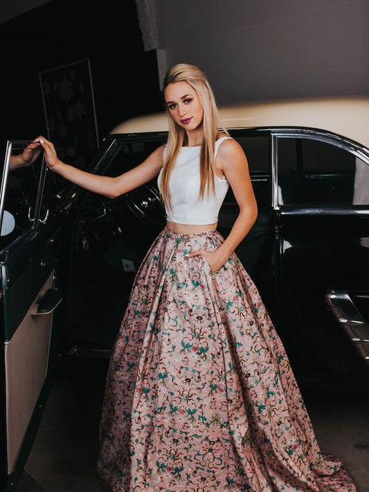 A Line Two Piece Floral Print Beautiful Prom Dresses with Pockets Evening Dresses JS322